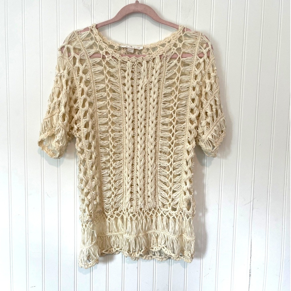 Boston Proper Crochet Top Women XS Ivory Excellent Boho Open Knit Braided